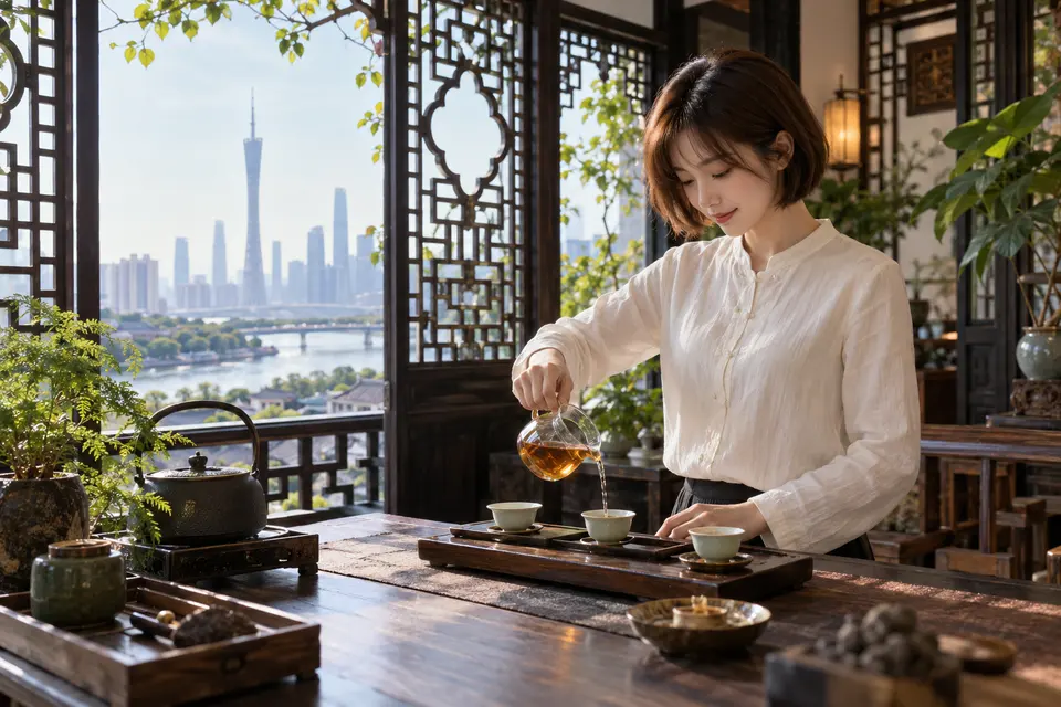 岭南花窗旁的茶桌上摆放公道杯与盖碗，正在进行冲泡