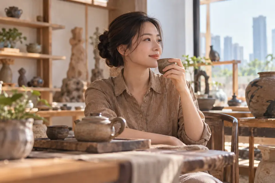 陶制茶器与茶杯摆放在木质台面上